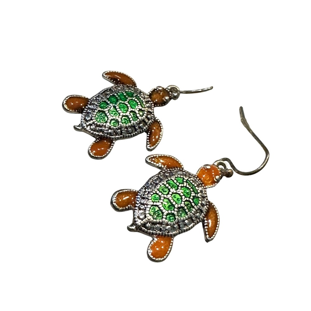 Green Orange Enamel Sea Turtle Drop Earrings Silver Tone Coastal‎ Beach Jewelry